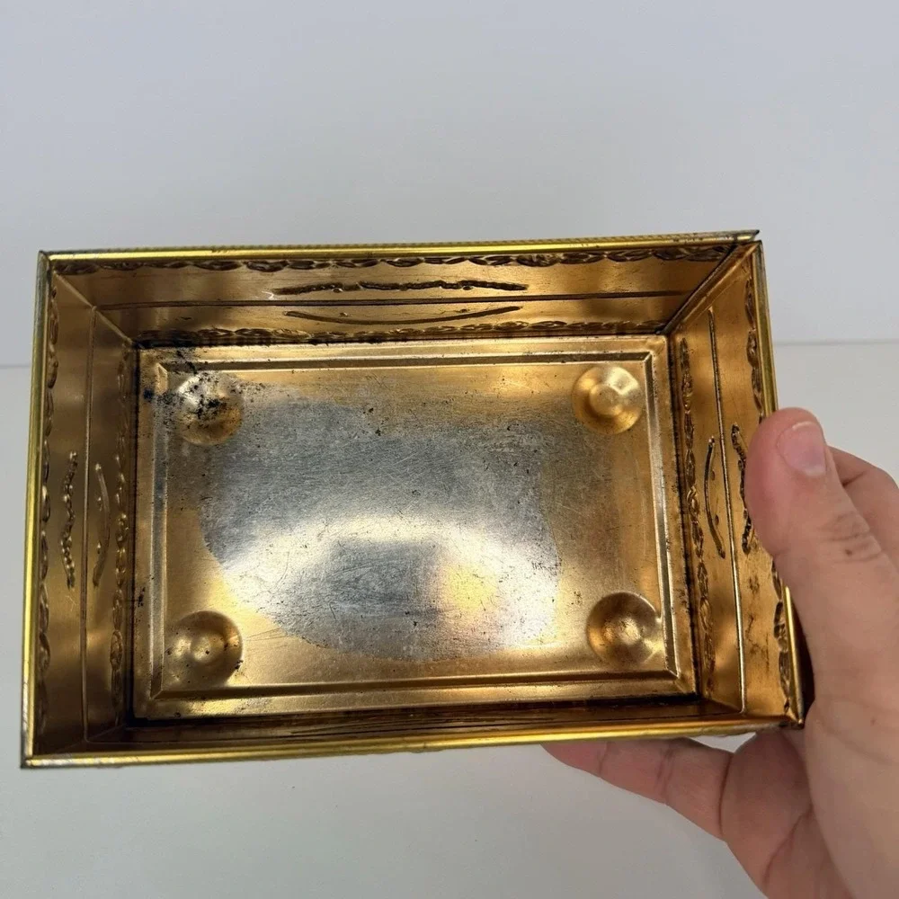 Tin Trinket Box Rusty Green & Gold‎ With Pink Roses Jewelry Box Storage Box